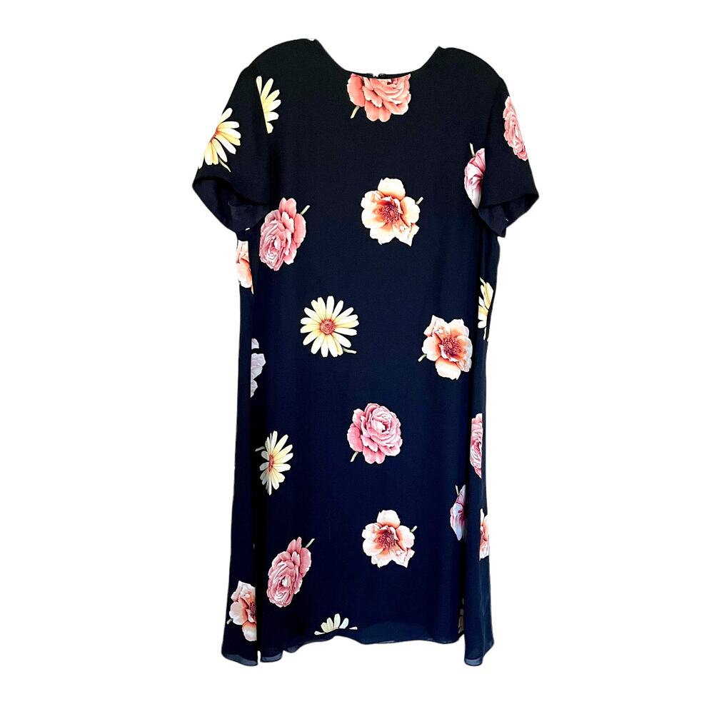 Vintage Linda Allard Ellen Tracy silk black floral print swing shift dress sz 12